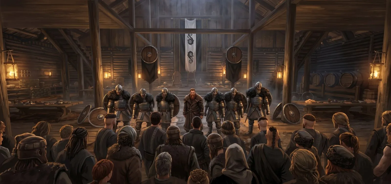 Painting of the Jarl and his housecarls before the gathered clan in the Völsung great hall